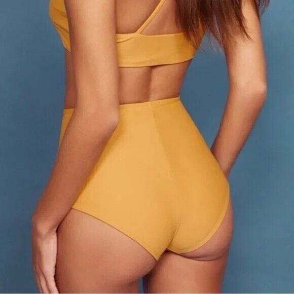 NWT Reformation Mandalay High Rise Bikini Bottom Size Small Yellow Orange Ochre - Picture 2 of 8
